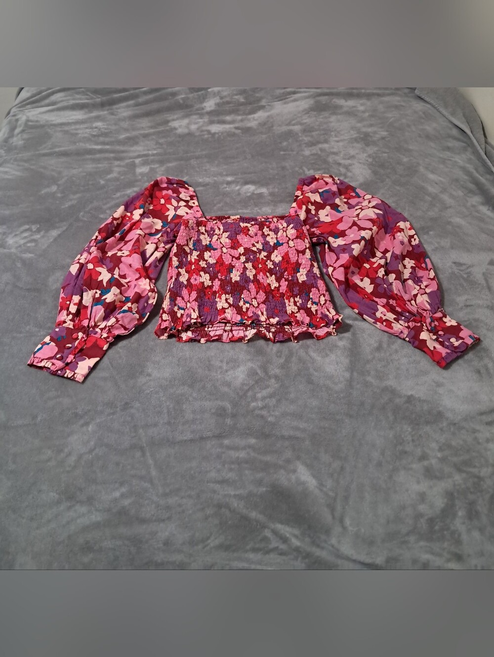 Free People Womens Pink Multi Floral Square Neck Smocked Bodice Blouse Sz. M - Picture 4 of 9